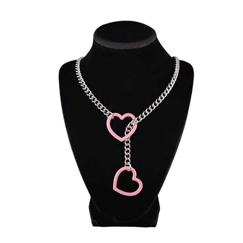 Heart O-Ring Punk Rock Necklace – Stainless Steel Cuban Chain Y-Necklace for Women