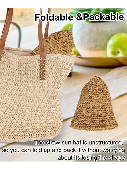 Women’s Summer Crochet Straw Bucket Hat – UV-Protect, Breathable Foldable Sunshade Cap for Beach & Outdoor Fashion