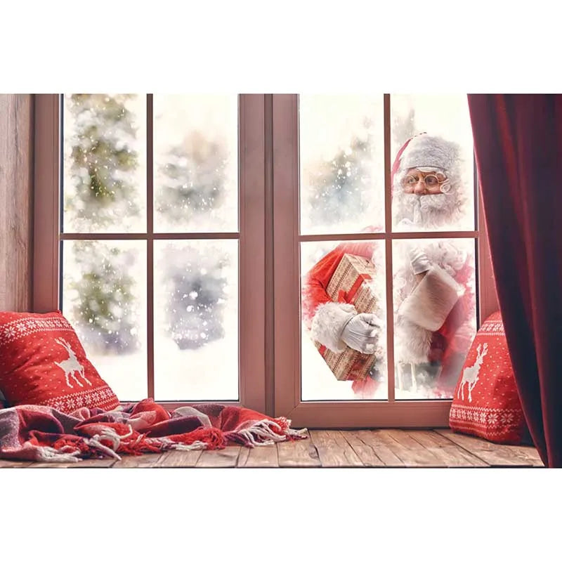 MOON.QG Christmas Santa Claus Village Backdrop – Holiday Photo Studio Background with Trees & Gifts for Home Decoration