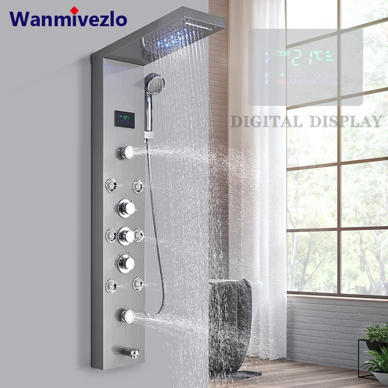 LED Light Bathroom Shower Faucet Set - Rainfall Shower Panel System with Temperature Display, Water Mixer Tap, and SPA Massage Feature