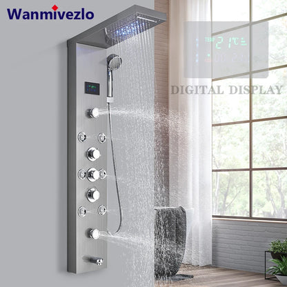 LED Light Bathroom Shower Faucet Set - Rainfall Shower Panel System with Temperature Display, Water Mixer Tap, and SPA Massage Feature