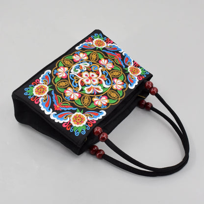 Embroidered Canvas Top Handle Bag for Women - Double Layered with Zippered Compartments, Ideal for Work and Play