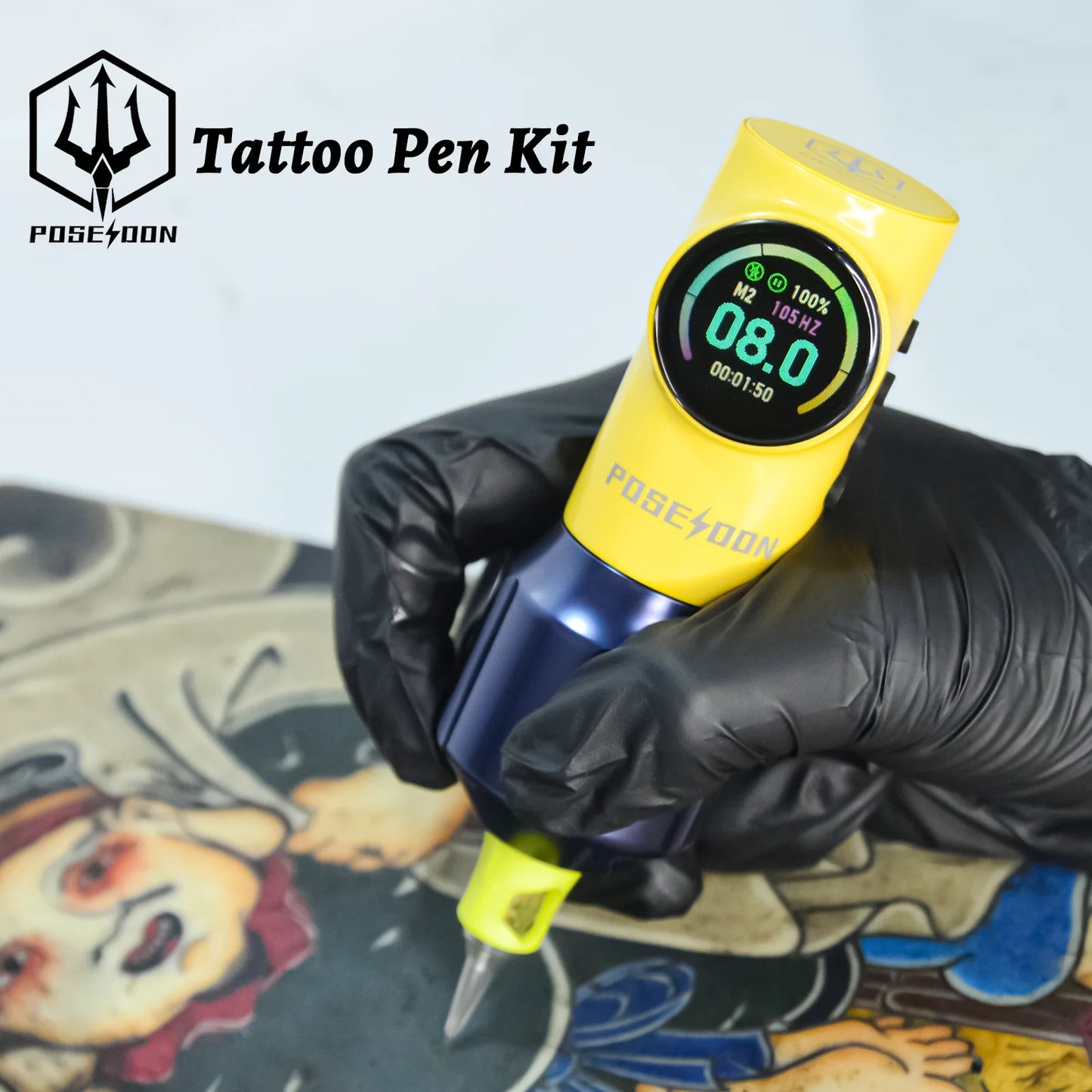 POSEIDON Tattoo Pen Kit – Wireless Yellow Tattoo Machine Set with Power Supply for Permanent Makeup & Professional Tattooing