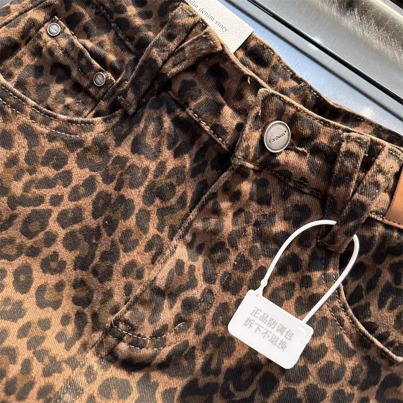 Women’s Elastic Brown Leopard Print Denim Mini Skirt – Trendy Hip Skirt