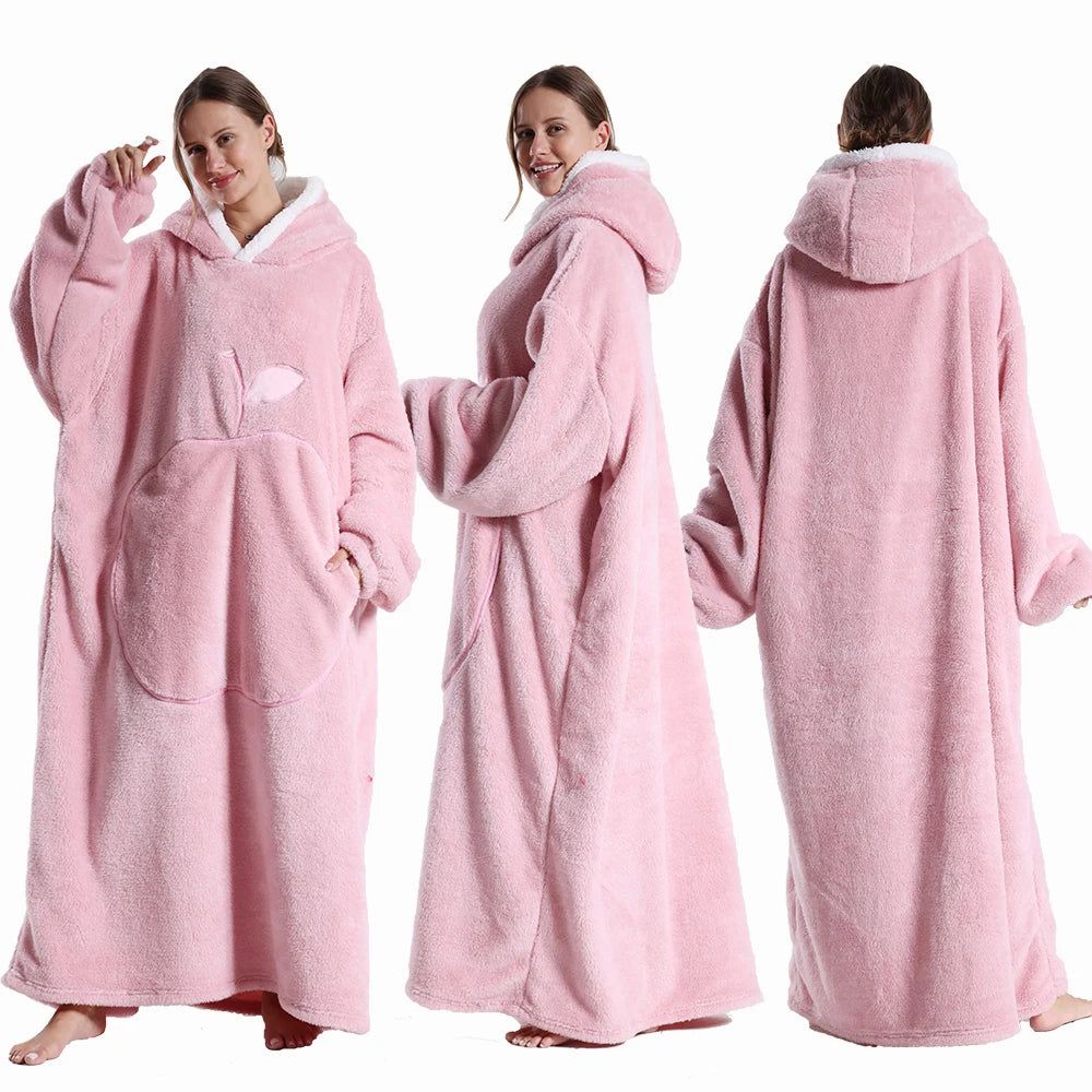 Extra Long Wearable Blanket - Winter Flannel Hooded Blanket with Full Sleeves, Cozy Soft Throw for Men and Women