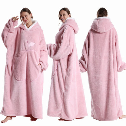 Extra Long Wearable Blanket - Winter Flannel Hooded Blanket with Full Sleeves, Cozy Soft Throw for Men and Women