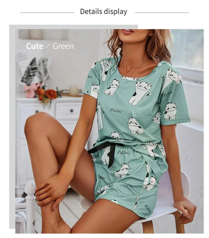 Women's 2-Piece Pajamas Set – Short Sleeve Cartoon Print Top and Pants Sleepwear Loungewear