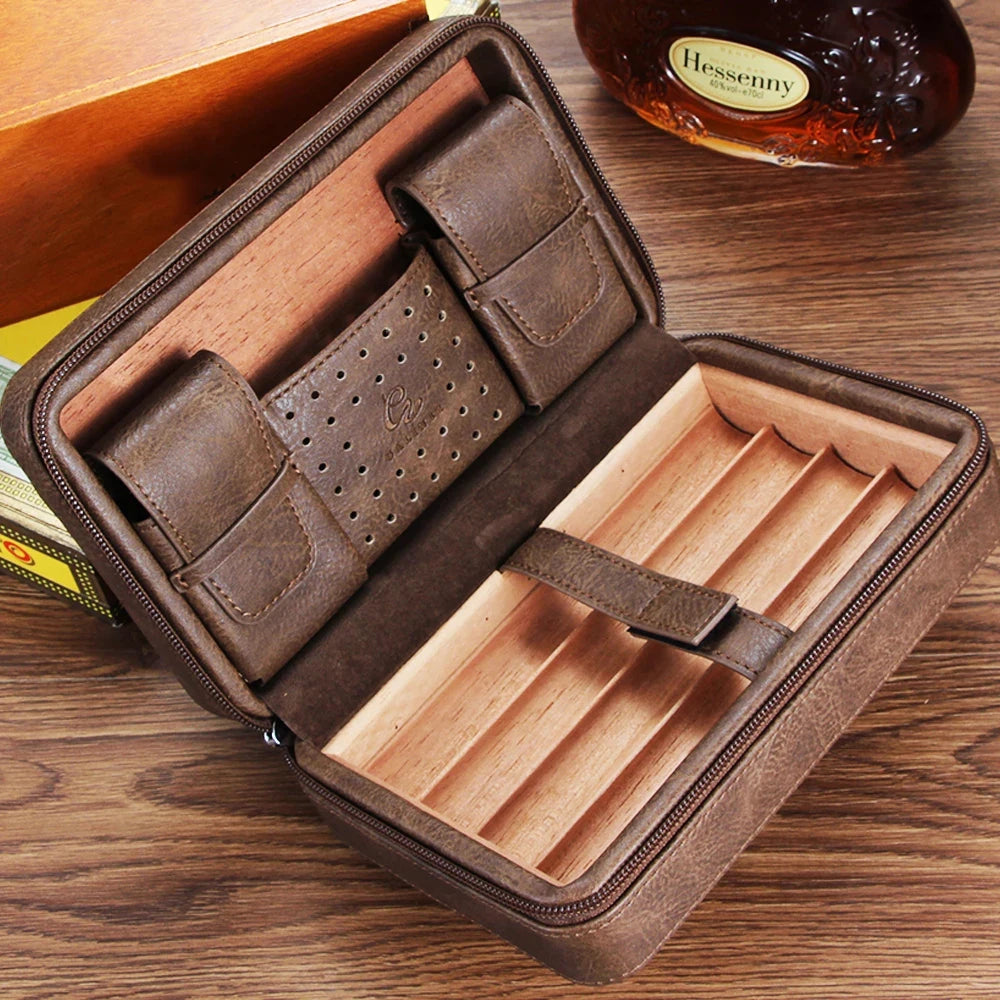 GALINER Cigar Humidor Box – Travel Leather Case with Cedar Wood Lining, Includes or Excludes Lighter, Cigar Cutter & Humidity Control Pack