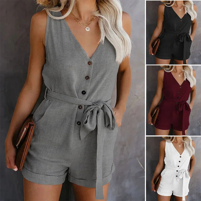 European & American Summer Style: Women's Casual Monochromatic V-Neck Jumpsuit with Five-Point Shorts - New Arrival