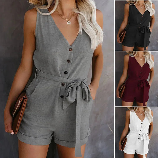 European & American Summer Style: Women's Casual Monochromatic V-Neck Jumpsuit with Five-Point Shorts - New Arrival