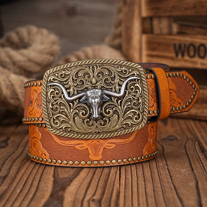 Men & Women Western Cowboy PU Leather Belt – Vintage Floral Engraved Buckle Belt for Jeans