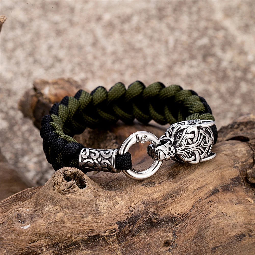 Vintage Norse Runes Celtic Wolf Survival Rope Bracelet - Handmade Stainless Steel Wristband for Men, Vikings Jewelry