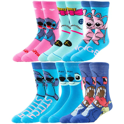 5/6 Pairs Miniso Disney Lilo & Stitch Socks – Hip Hop Street Style Anime Crew Socks for Men and Women, Novelty Cute Casual Socks