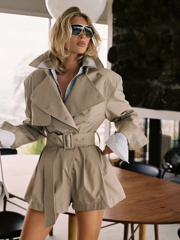 Women’s Winter Sexy Lapel Long Sleeve Belted Double-Breasted Jumpsuit Shorts, Elegant Evening Party Runway Outfit