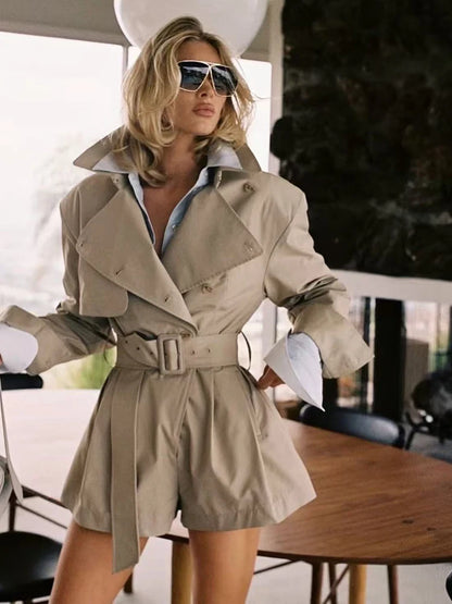 Women’s Winter Sexy Lapel Long Sleeve Belted Double-Breasted Jumpsuit Shorts, Elegant Evening Party Runway Outfit