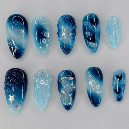 24PCS Strawberry Bow Press On Nails - Red Short Almond Pearl Starlight Floral False Nail Art Tips