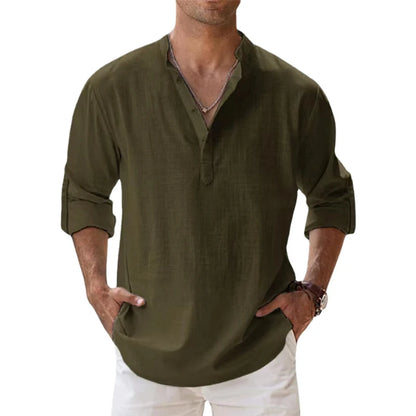 Men's Cotton Linen Henley Shirt - Lightweight Long Sleeve Casual Beach Summer Top