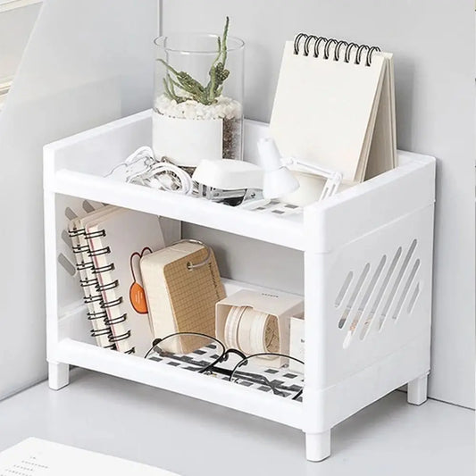 PP Desktop Double Layer Storage Rack – White Rectangular Organizer for Student Desk, Office, Cosmetics & Stationery