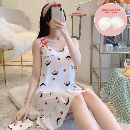 Women’s Cartoon Animal Pajama Set - Cute Loose Sling Nightgown with Bra Pad & Free Eye Mask for Sleepwear