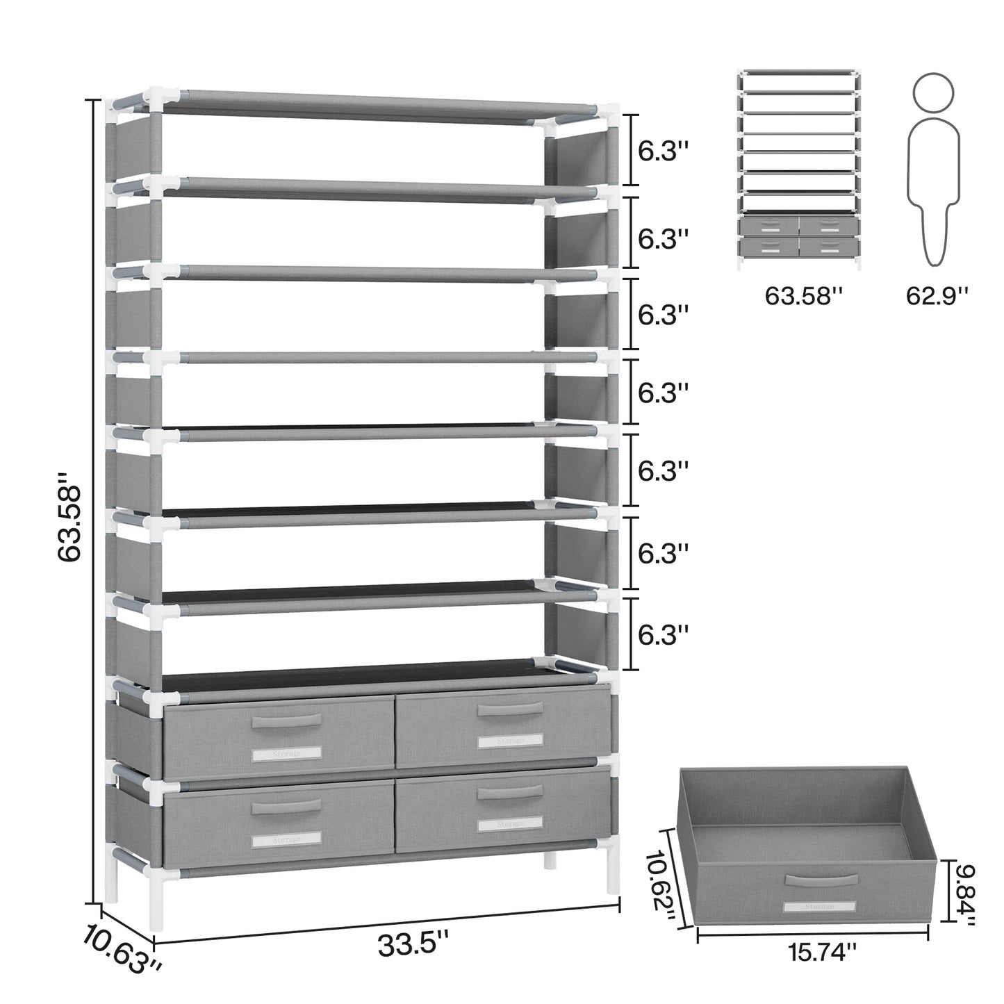 Tribesigns 10-Tier Shoe Rack Organizer – Vertical Shoe Shelf with 4 Drawer Bins, Holds 32 Pairs for Closet & Entryway