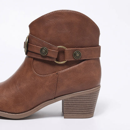 Women’s Round Toe Buckle Strap Boots – Copper Side Zipper Comfortable Versatile Commuting Bare Boots