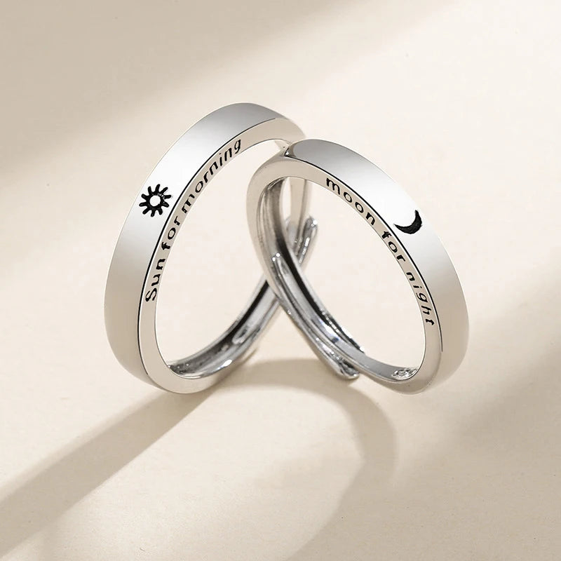 New Silver Couple Rings - Sun & Moon Adjustable Open Ring for Men & Women, Wedding & Fashion Jewelry Gift