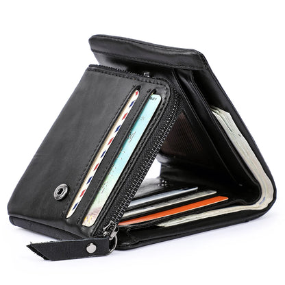 CONTACT'S Genuine Crazy Horse Leather Trifold Wallet – Vintage Men's Cowhide Wallet with Zip Coin Pocket