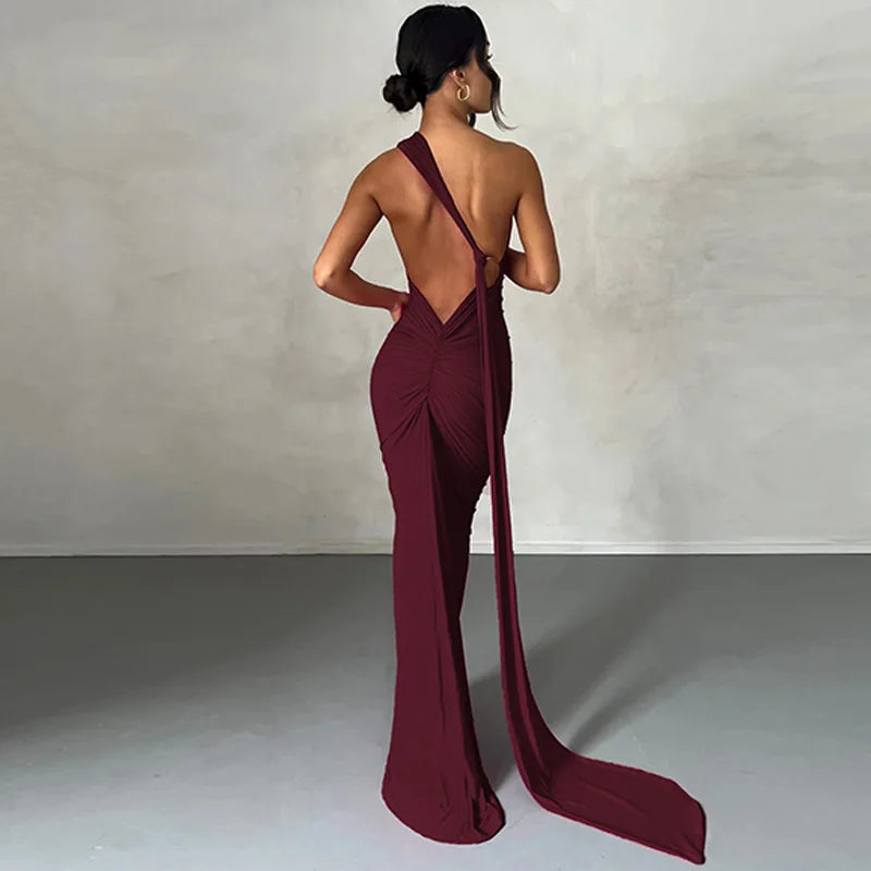 Hugcitar One Shoulder Backless Maxi Dress for Women – Adjustable Scarf Ruched Sexy Elegant Y2K Festival & Streetwear Party Outfit