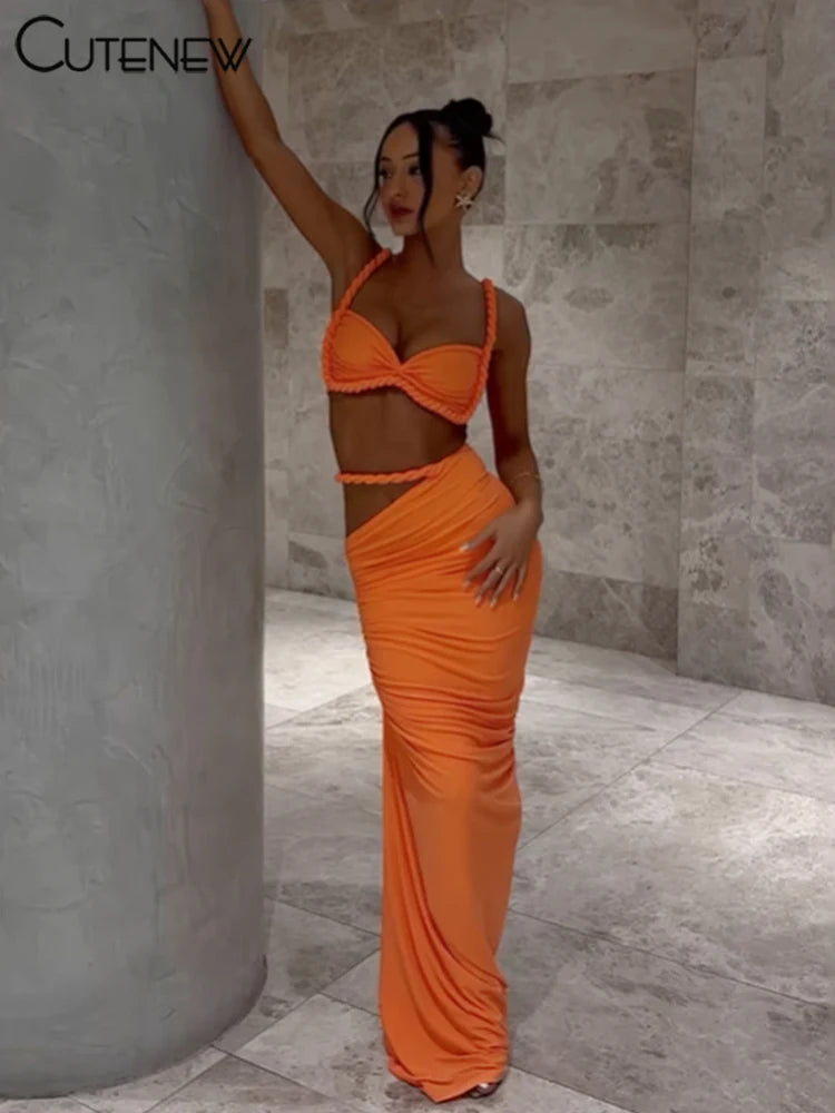 Women’s Woven Two-Piece Vacation Set – Pleated Crop Camisole & High Waist Maxi Skirt Sexy Summer Outfit Matching Set