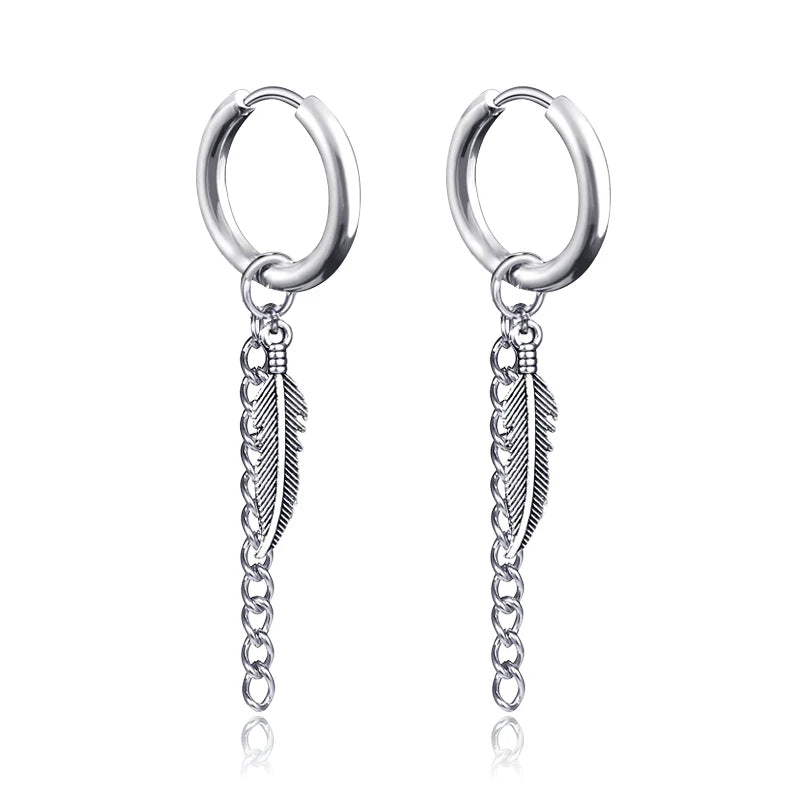 Long Hanging Cross & Leaf Hoop Earrings – Vintage Stainless Steel Hip Hop Unisex Jewelry Accessories