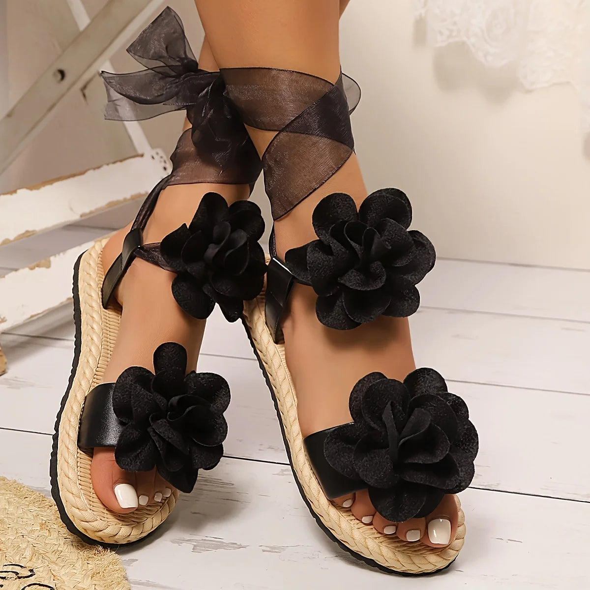 Women’s Fairy Platform Sandals - Floral Lace-Up Cute Elegant Summer Shoes