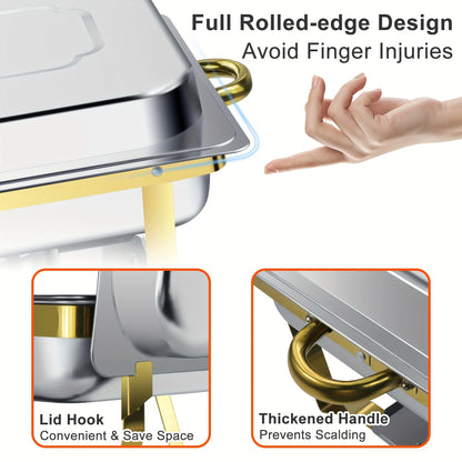6-Pack 9QT Golden Stainless Steel Chafing Dishes – Buffet Warmer Set for Catering, Parties & Weddings