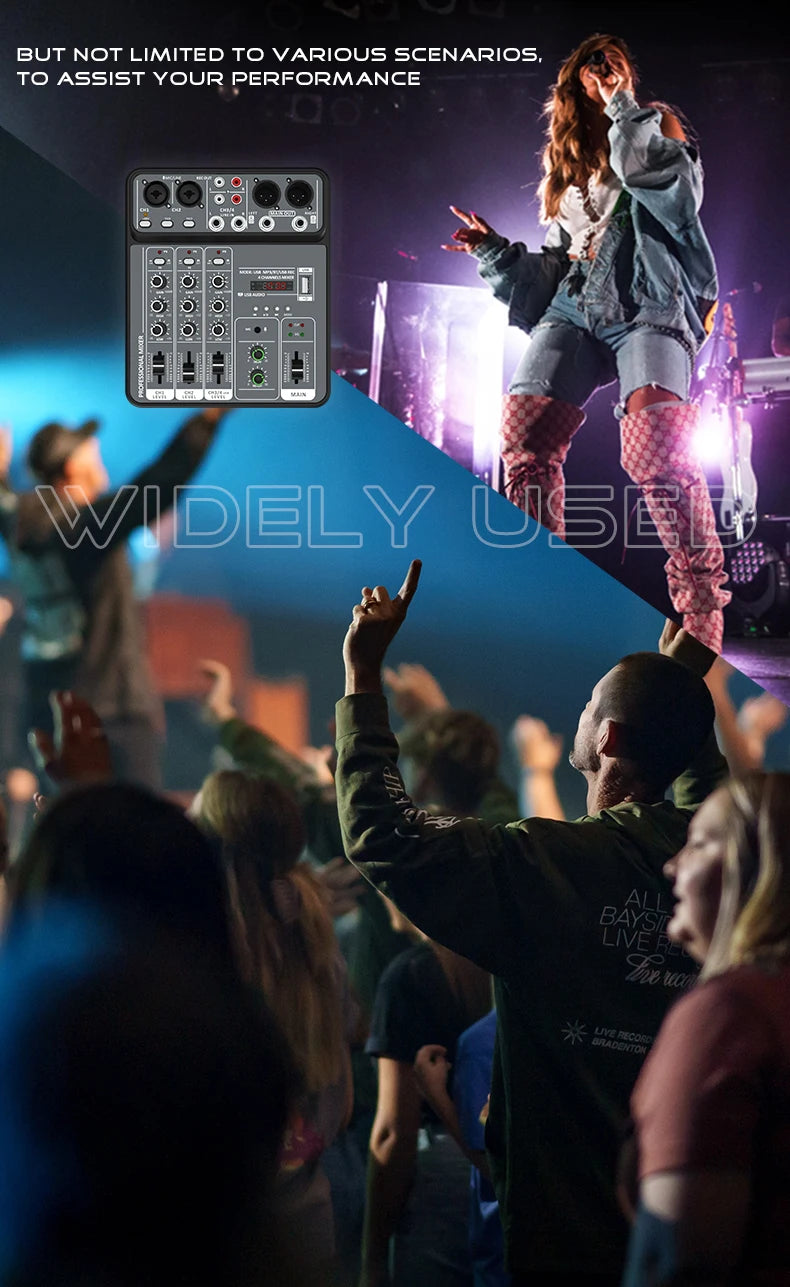 4-Channel Audio Mixer — USB Studio Mixer with 48V Phantom Power & Bluetooth for DJ & Karaoke