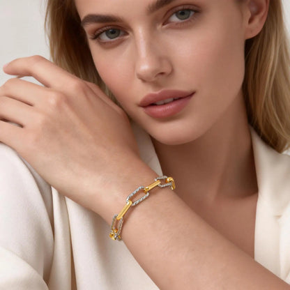 Women's Two-Tone Twist Paperclip Bracelet – Chunky Stainless Steel Adjustable 18K Gold Plated Link Jewelry