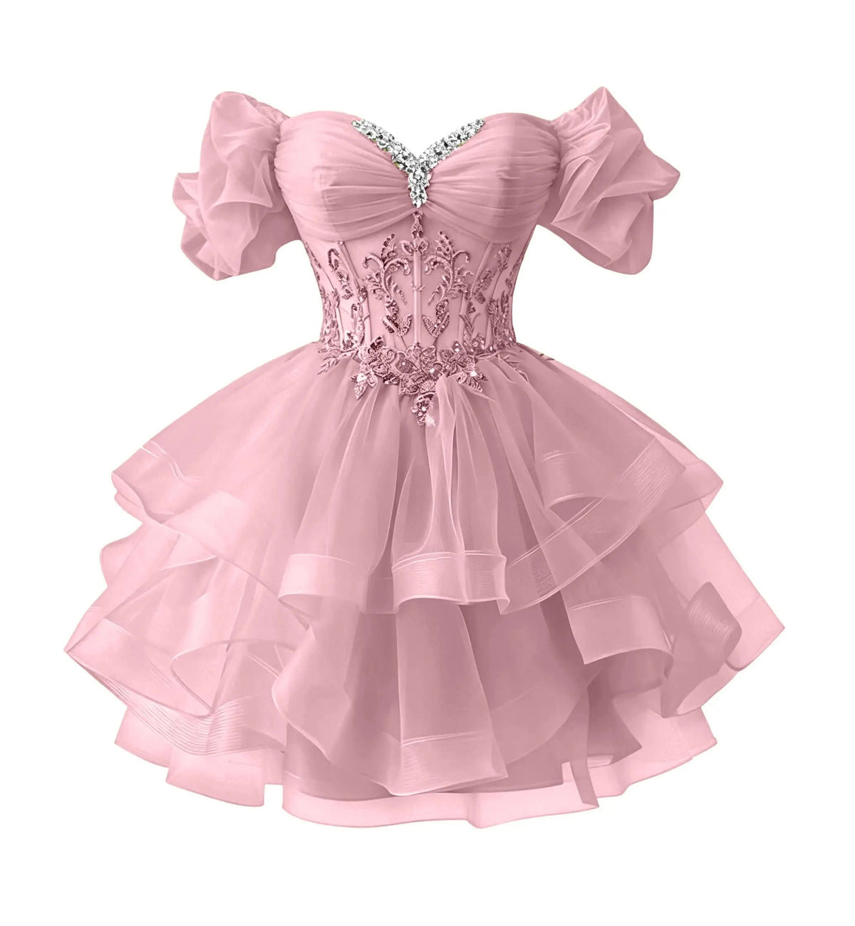 Beaded Lace Homecoming Dress - Short Tiered Tulle Sequin Prom & Quinceañera Gown