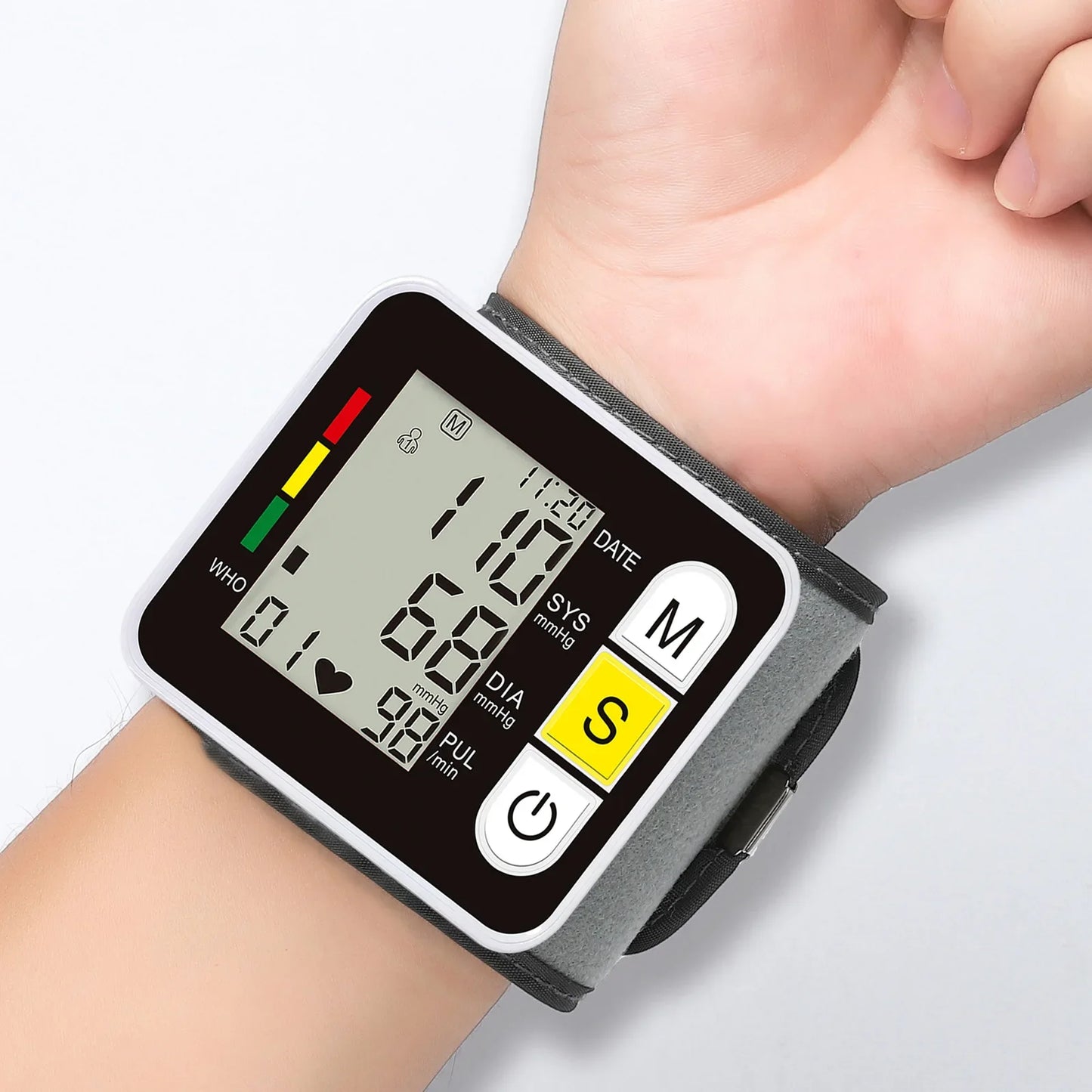 Portable Digital Wrist Blood Pressure Monitor – LCD Screen Sphygmomanometer with Heart Rate & Pulse Measurement