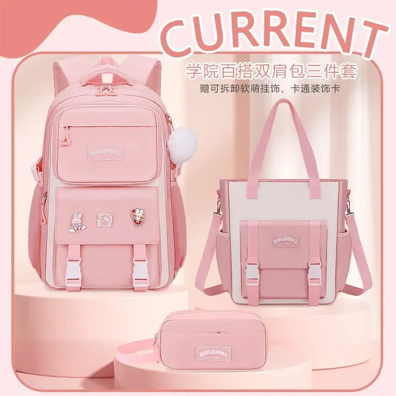 Pink Large Capacity Backpack – Spine Protection for Middle & High School Girls, Children’s School Bag with Hanging Accessories