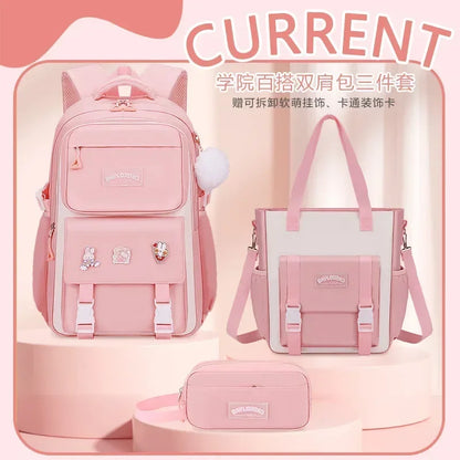 Pink Large Capacity Backpack – Spine Protection for Middle & High School Girls, Children’s School Bag with Hanging Accessories
