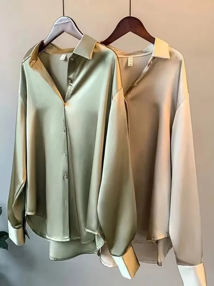 Elegant Satin Women’s Shirt — Loose Vintage Blouse with Turn-Down Collar for Spring & Autumn