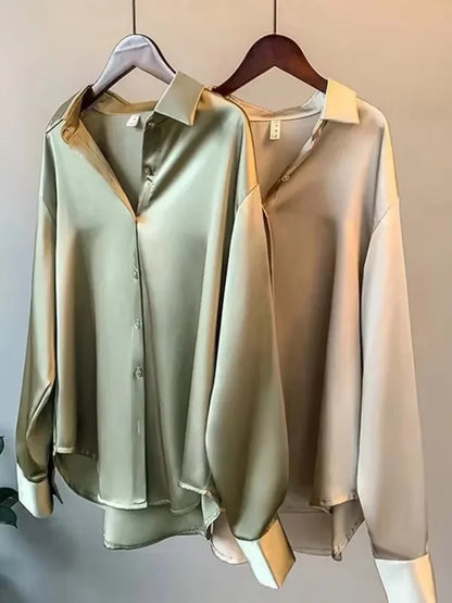 Elegant Satin Women’s Shirt — Loose Vintage Blouse with Turn-Down Collar for Spring & Autumn