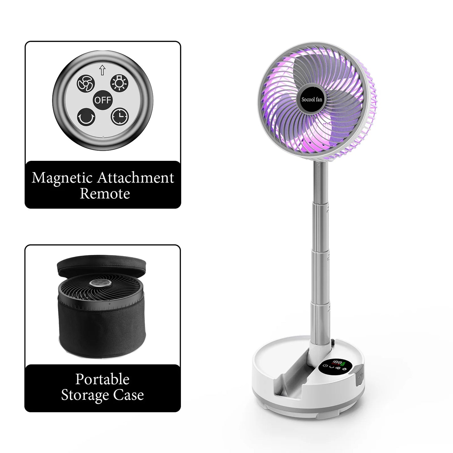 Socool 20000mAh Portable Folding Fan - Rechargeable 8-Speed Oscillating Floor & Desk Fan with Remote Control