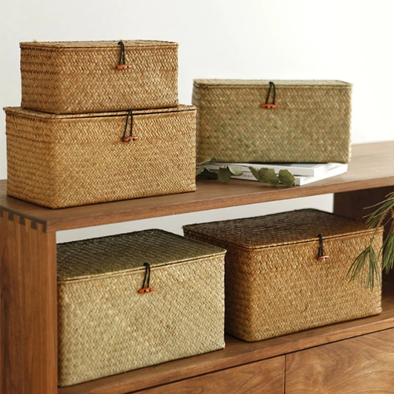 Hand-Woven Seaweed Storage Basket with Lid - Multi-Purpose Sundries Organizer, Cosmetic, Toy, and Clothes Container