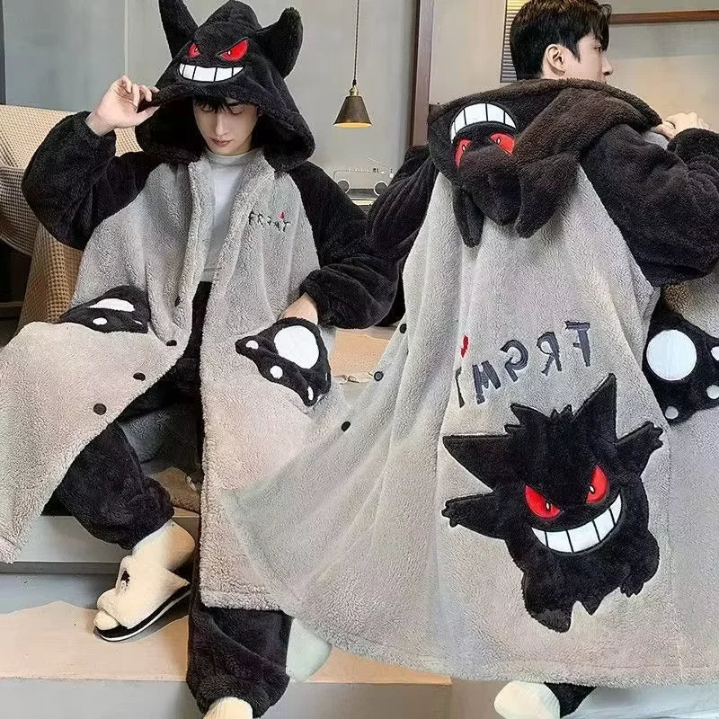 Gengar Pokemon Pajamas Set — Men’s Large Winter Coral Fleece Hooded Nightgown, Thick Warm Anime Home Suit