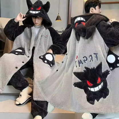 Gengar Pokemon Pajamas Set — Men’s Large Winter Coral Fleece Hooded Nightgown, Thick Warm Anime Home Suit
