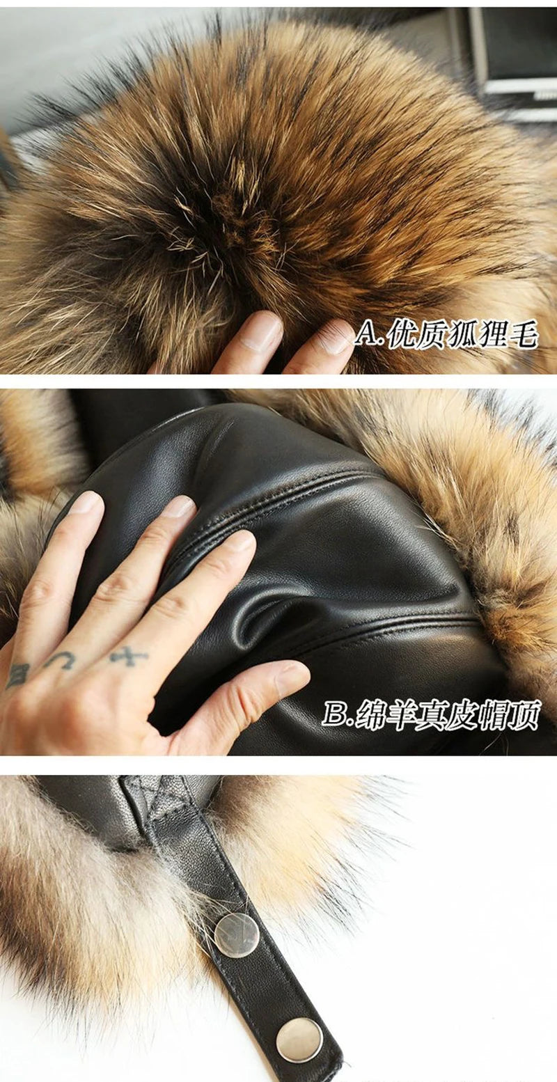 Natural Raccoon & Fox Fur Russian Ushanka Hat – Women’s Black Winter Bomber Cap with Ear Flaps