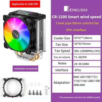 Jonsbo CR1200 RGB CPU Cooler — 2 Heat Pipe Tower with 9cm Colorful Fan for Intel LGA115X/775 & AMD AM4