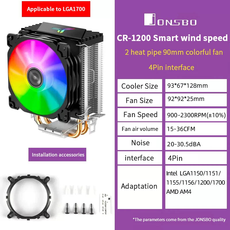 Jonsbo CR1200 CPU Cooler — 2 Heat Pipe Tower with RGB 9cm Fan for Intel LGA115X/775 & AMD AM4