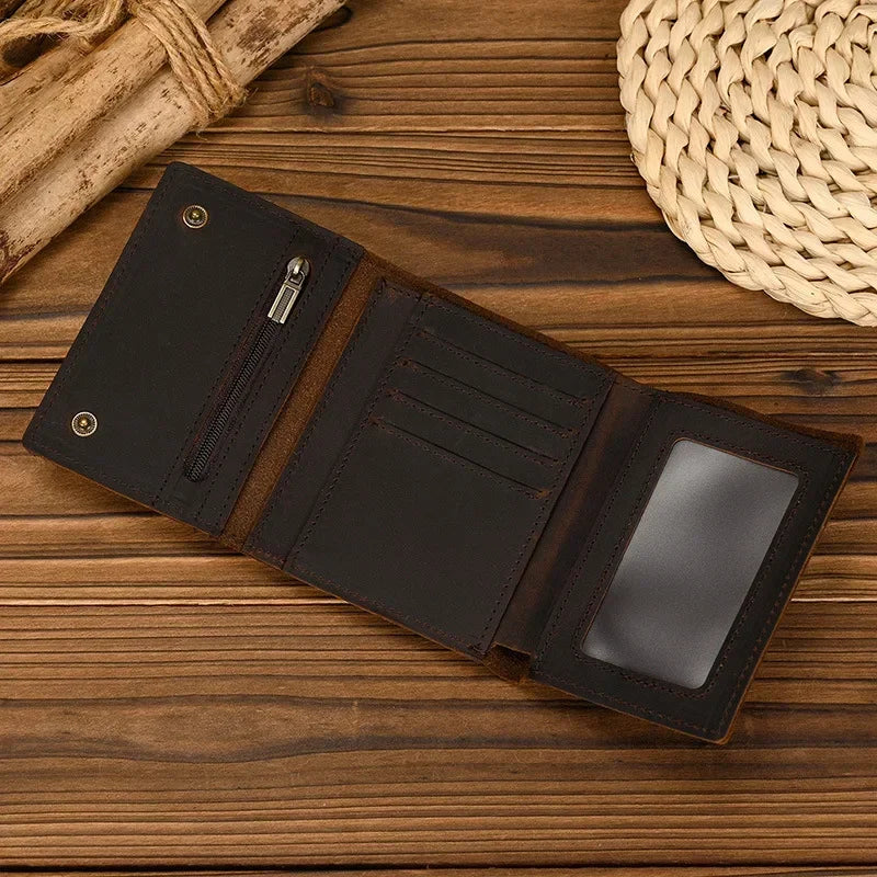 Men's Genuine Leather Short Wallet with Chain – Zipper Clutch, Trifold Purse, Card Holder & Coin Purse for Men