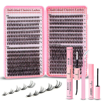 Eyelash Extension Kit – 640pcs DIY Lash Clusters (9-16mm), Mix Curl, with Tweezers, Glue & Remover