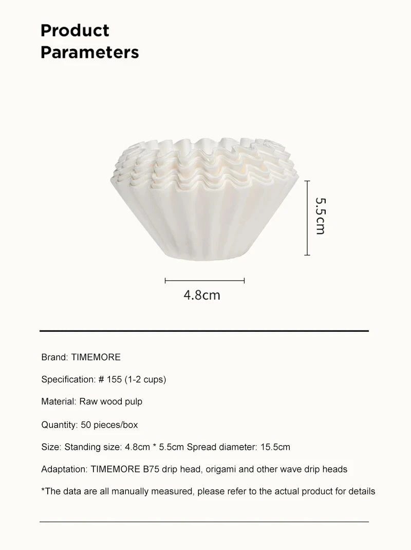 TIMEMORE 1–2 Cup Pour Over Coffee Filters – 50pcs Basket Paper Filter Sheets for B75 Dripper, Premium Coffee Brewing Accessories